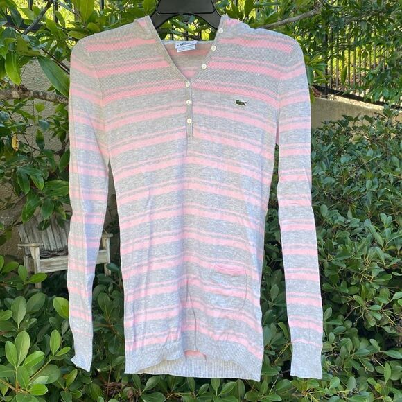 Lacoste Pink/Gray Cashmere Blend V-Neck Hoodie/Sweater. Small/4 (Euro 36). EUC - Picture 1 of 5